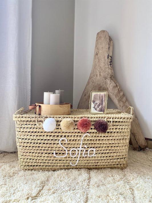 Malle de rangement en osier personnalisée, coffre de rangement à personnaliser en feuilles de palmier, coffre à jouets