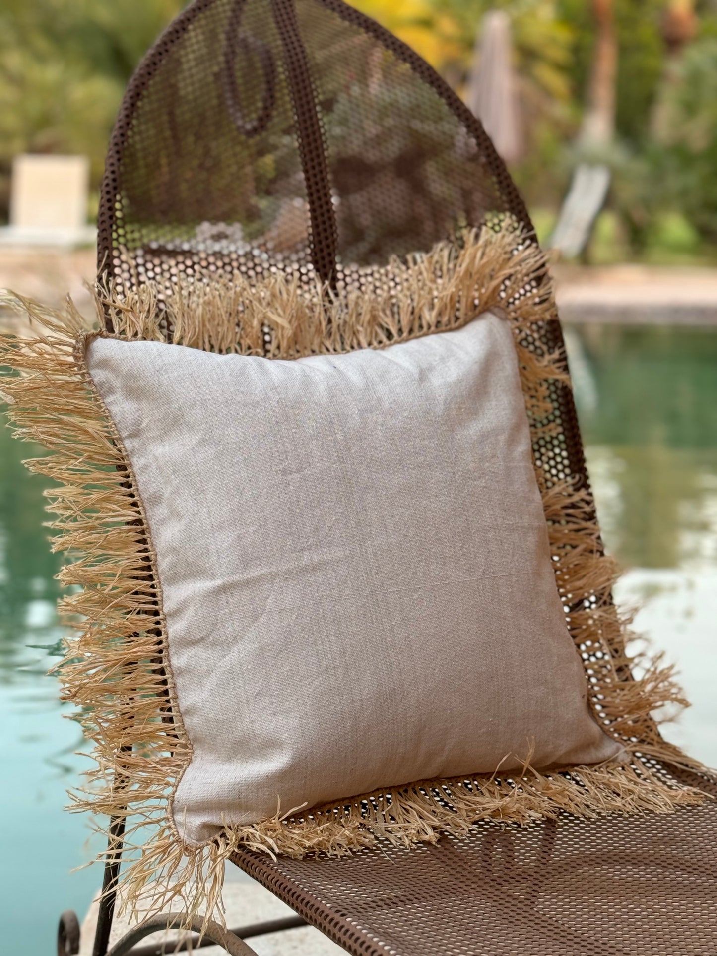 Lot de 2 Housses de Coussin en Coton ou Jute avec Franges en Raphia - Carré et Rectangulaire